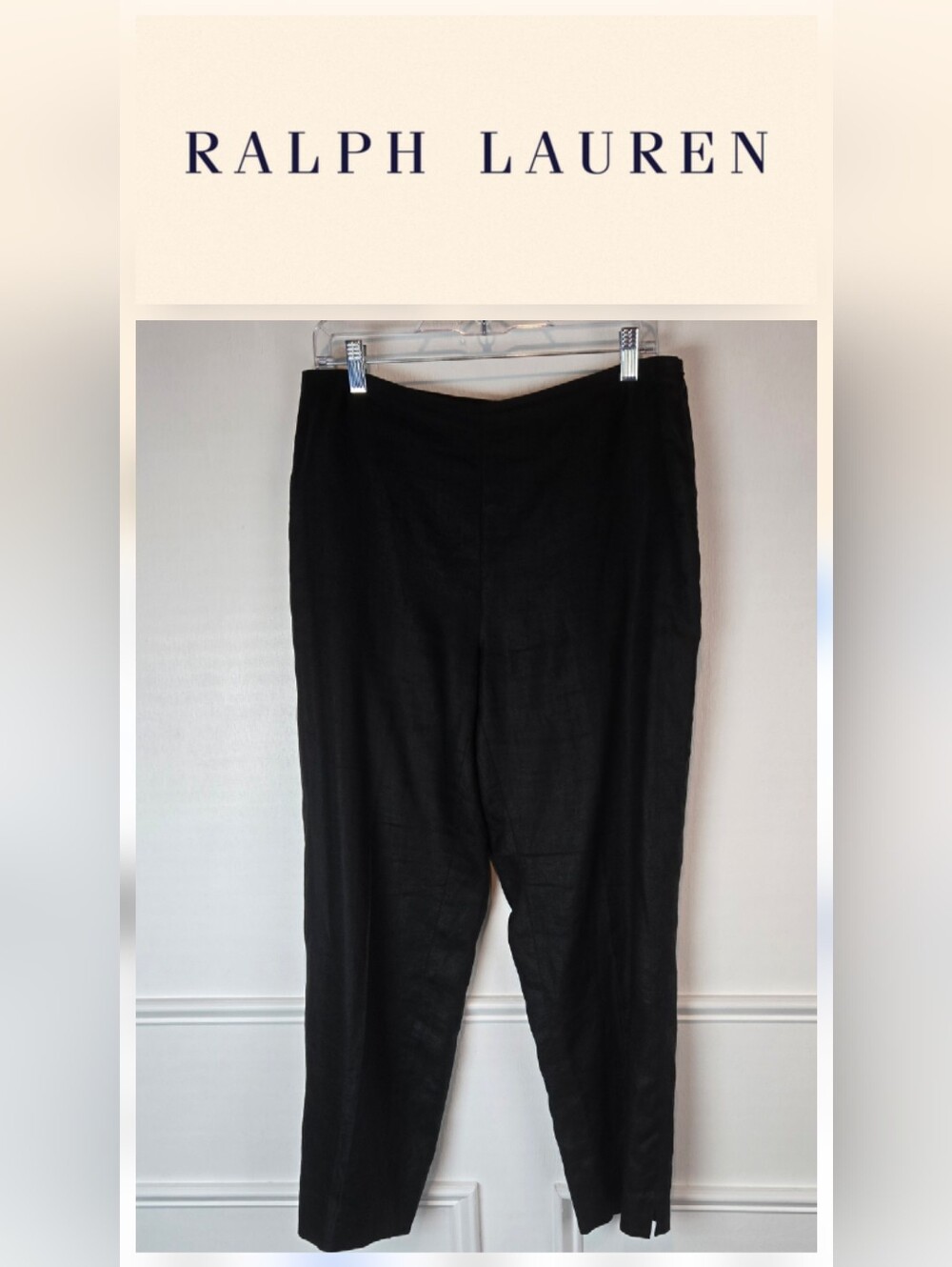 Ralph Lauren 100% Linen Black Tapered Leg Flat Front Ankle Pants Lined Size 12